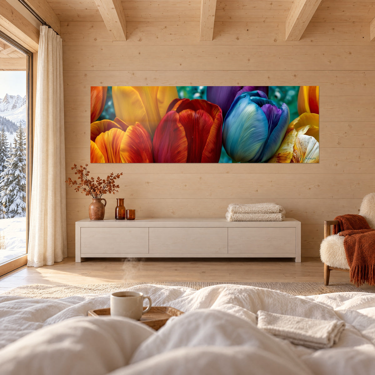 Tableau corolles pourpres et bleu azur sur fond turquoise, accroché sur un mur en bois clair au-dessus d'un lit dans une chambre claire