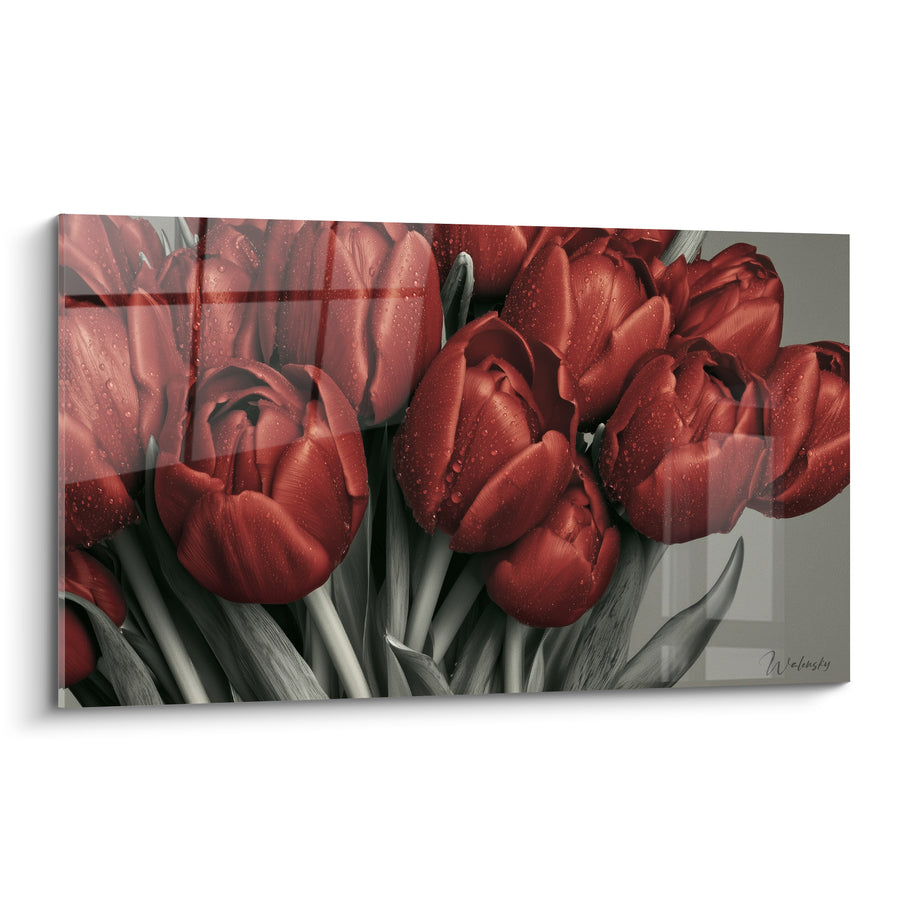 Tableau Bouquet rouge et gris aux gouttelettes perlées - Cadres translucides superposés - Edition Tulipe