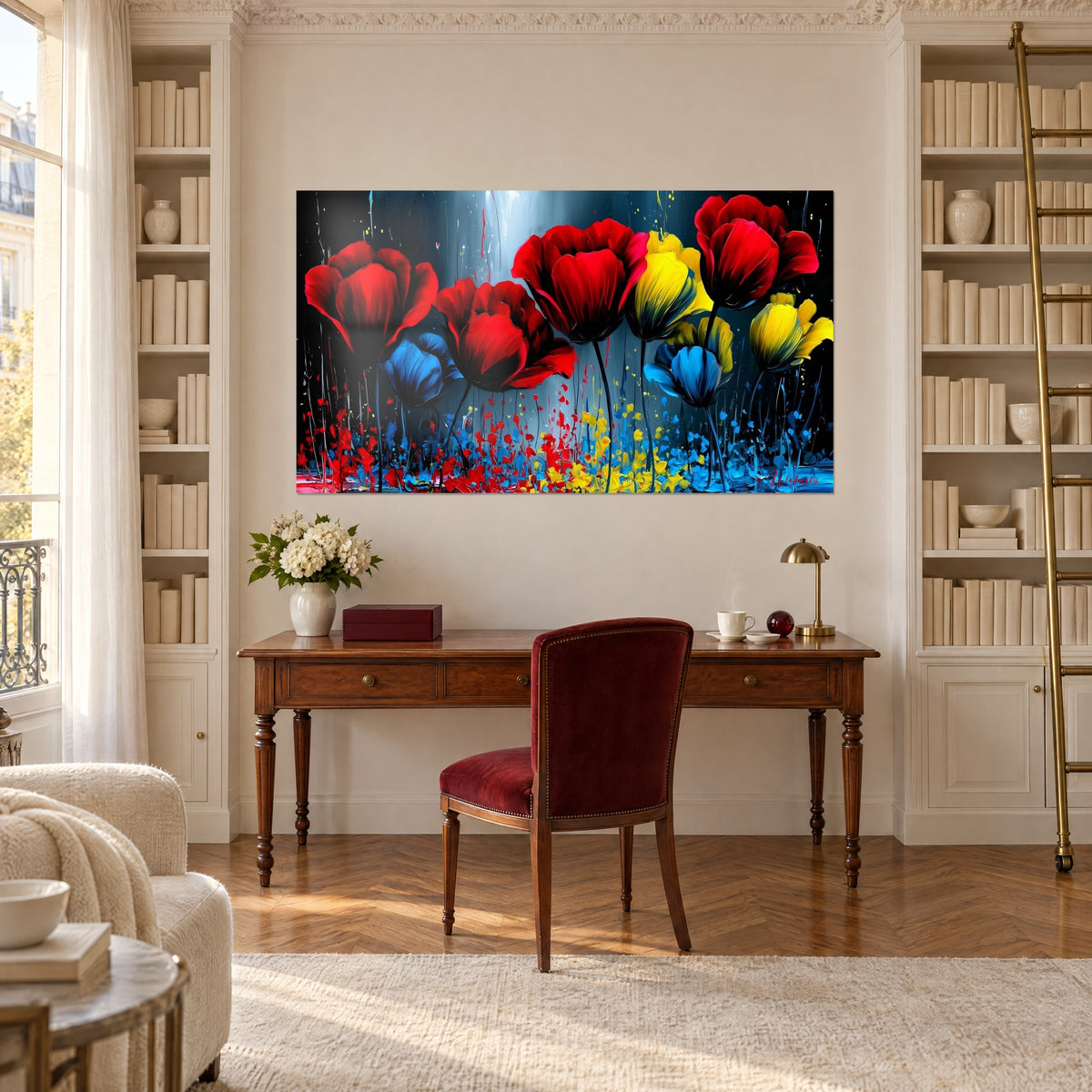 Tableau fleurs cramoisies aux éclats azur et or sur fond sombre, entre deux bibliothèques d'un bureau haussmannien