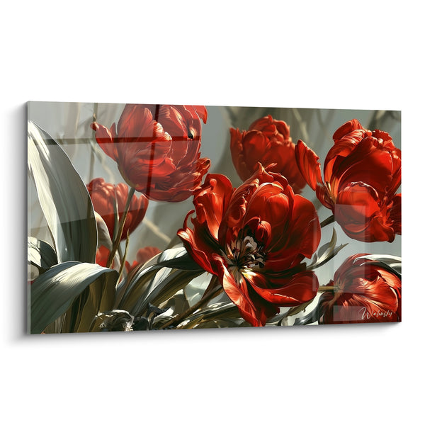 Tableau Tulipes rouges et grises aux pétales doubles - Feuillage argenté dense - Edition Tulipe