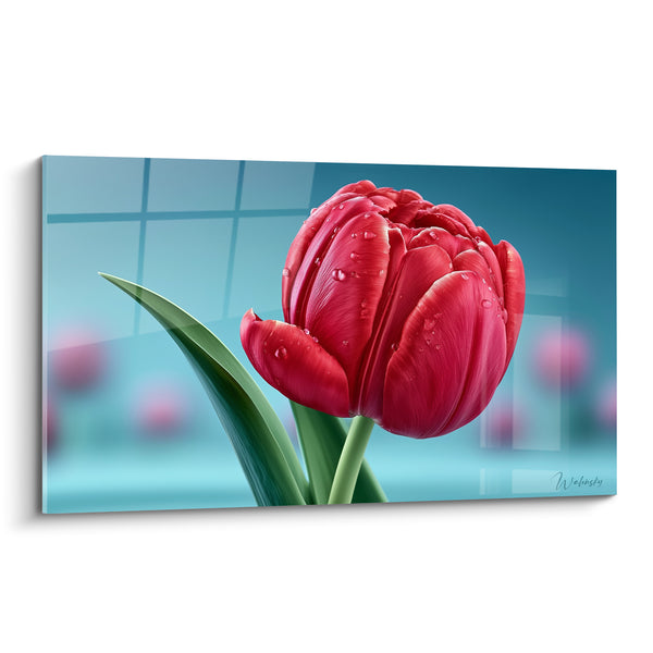 Tableau Tulipe rouge et verte perlée de gouttelettes - Fenêtre vitrée bleue - Edition Tulipe