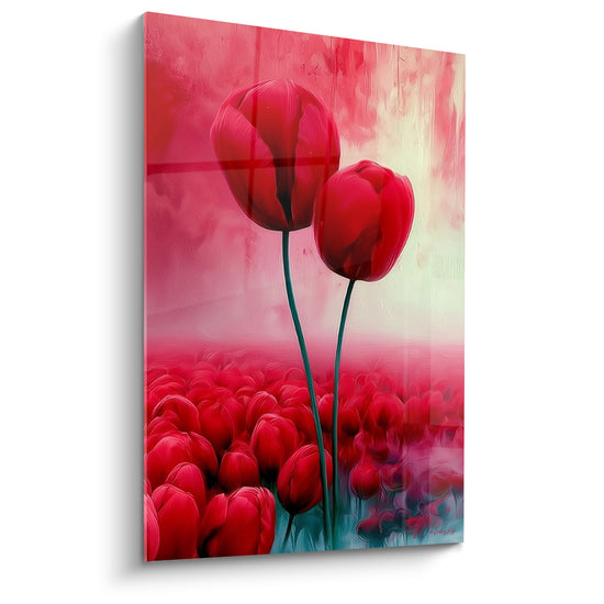 Tulipes rouges se dressant sur fond rosé brumeux avec champ dense en arrière-plan, style pictural texturé