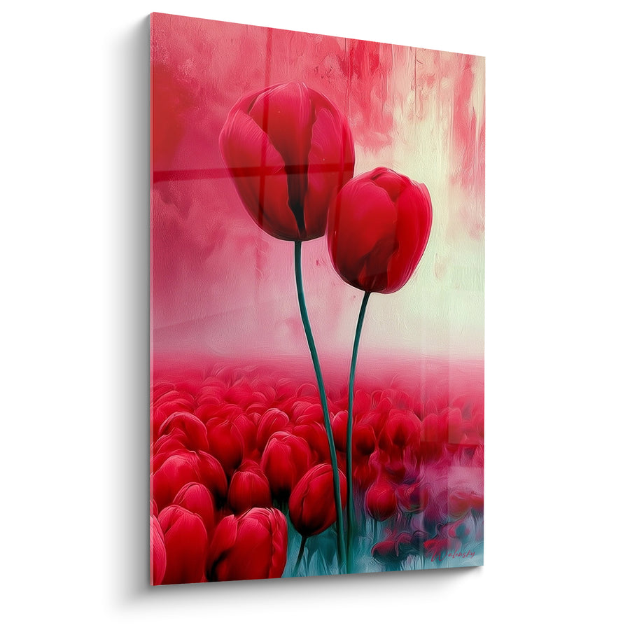 Tableau Tulipes rouges et vertes dominant un champ brumeux - Deux tiges élancées - Edition Tulipe