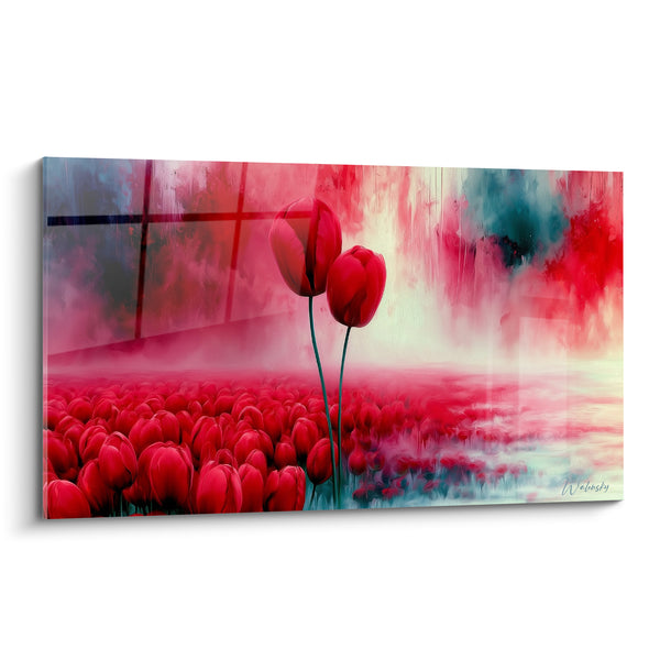 Tableau Champ de tulipes rouges et bleu pétrole - Ivresse printanière - Edition Tulipe