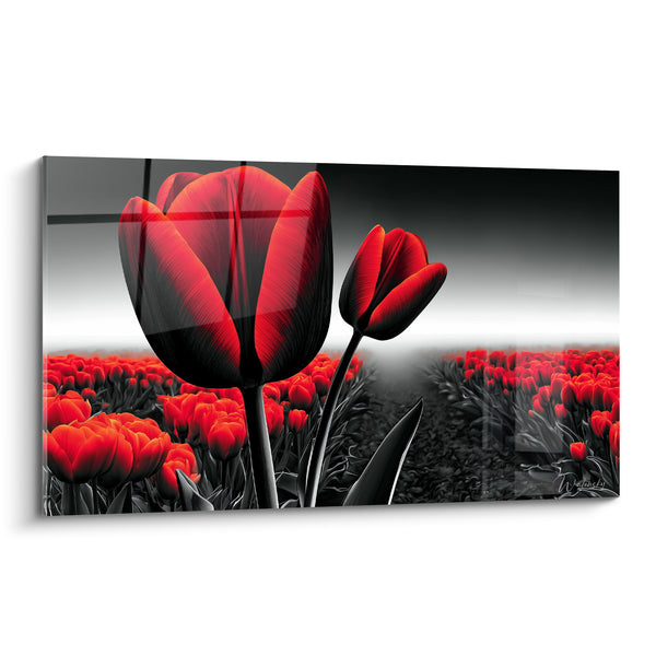 Tableau Champ de tulipes rouges et grises à l'horizon brumeux - Perspective sur sillon fleuri - Edition Tulipe
