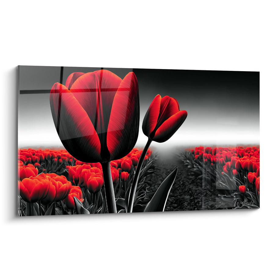 Tableau Champ de tulipes rouges et grises à l'horizon brumeux - Perspective sur sillon fleuri - Edition Tulipe