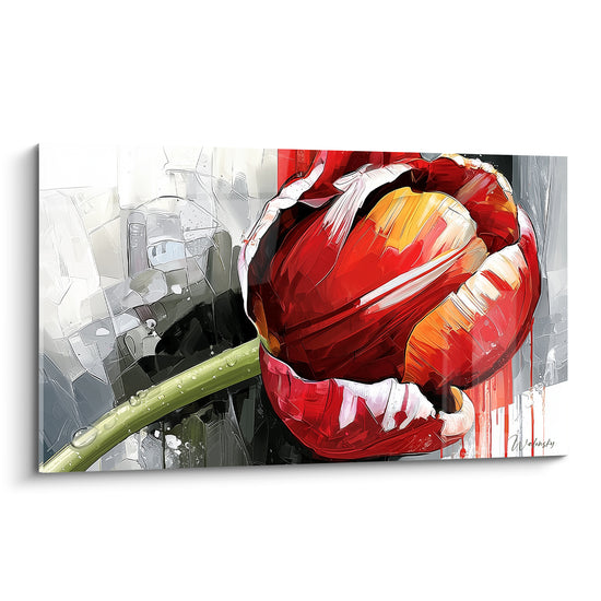 Tulipe rouge aux pétales ouverts, cœur doré et fond gris anthracite texturé en larges touches