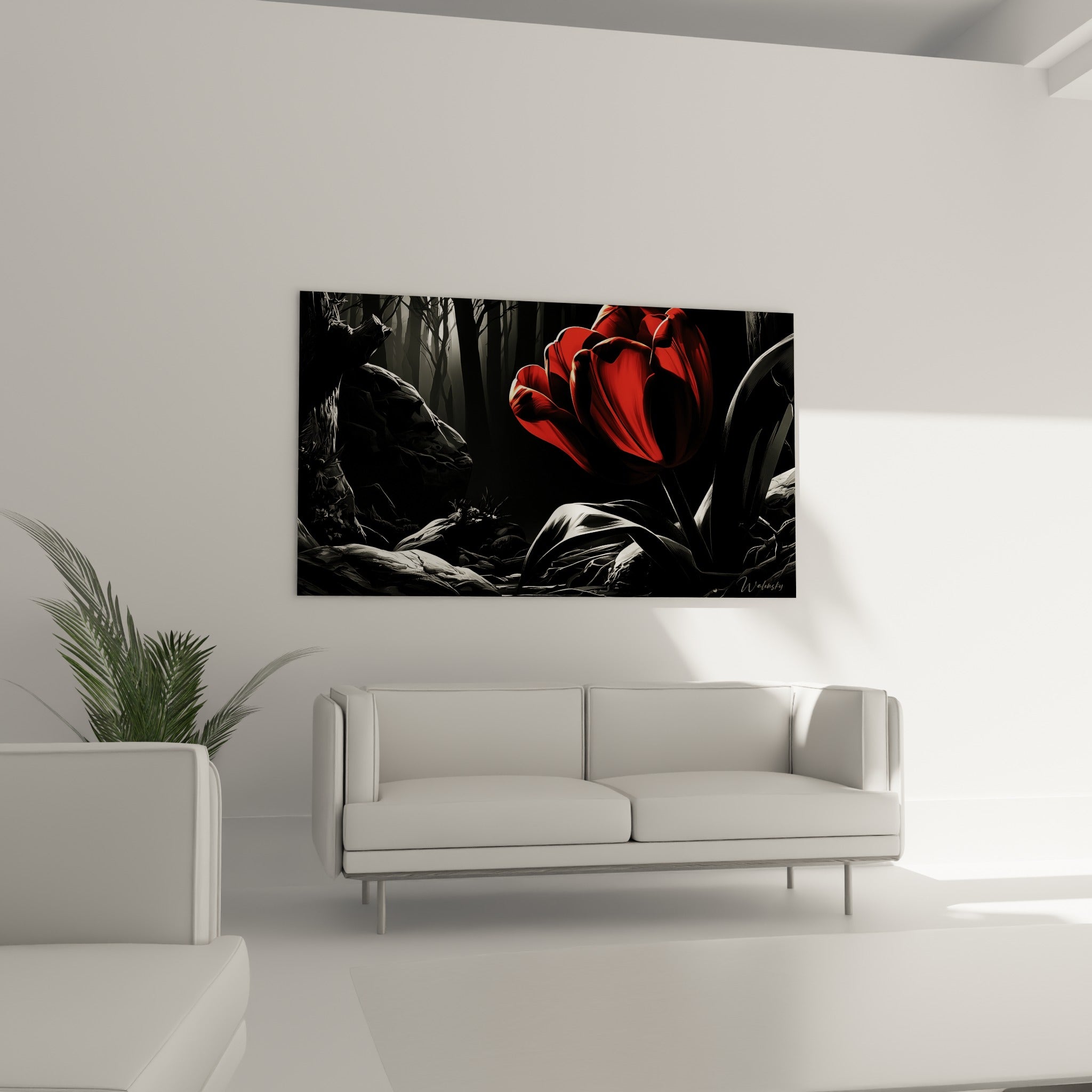 Fleur rouge vif contrastant avec un décor gris minéral, au-dessus d'un canapé dans un salon lumineux