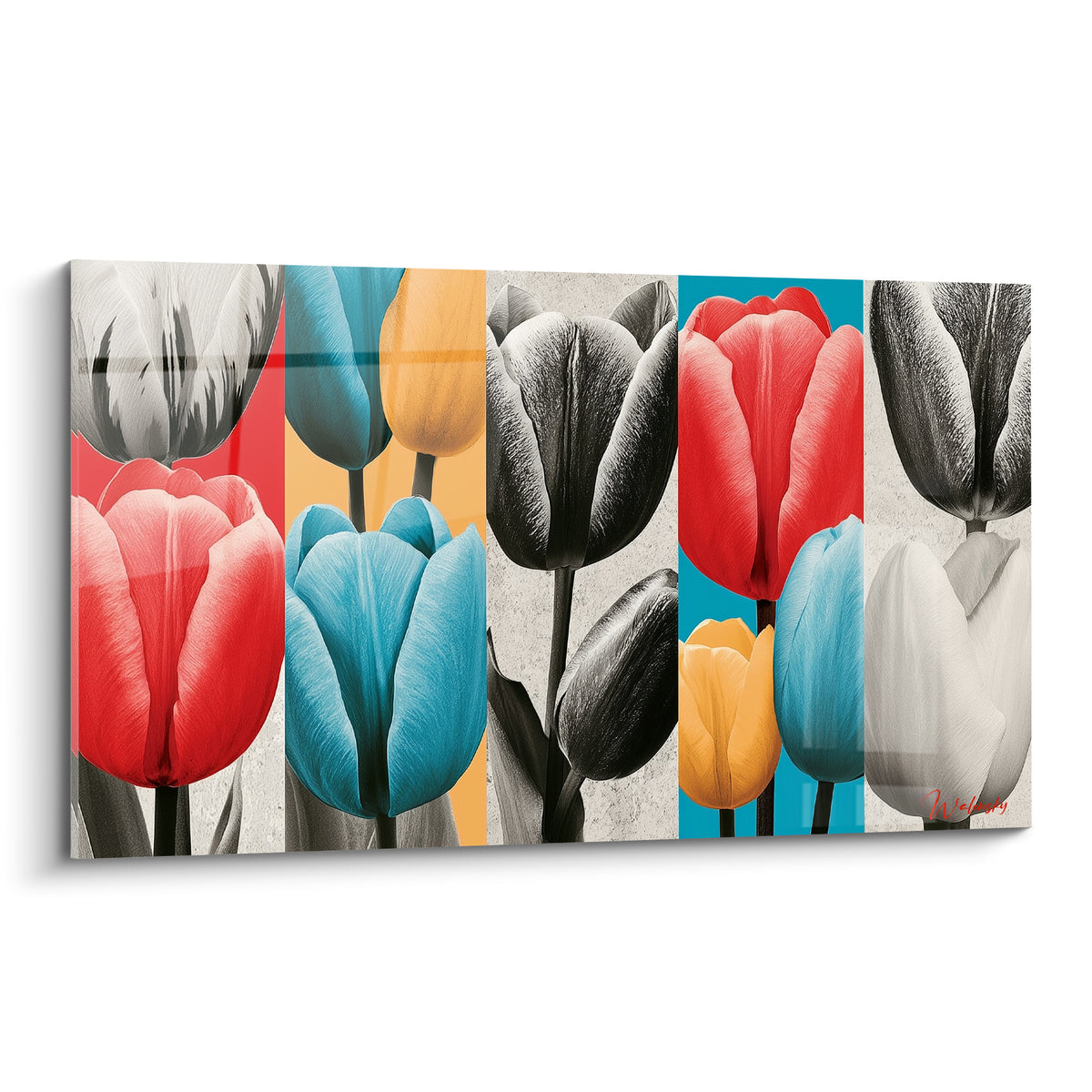 Tulipe rouge corail et bleu turquoise en cinq bandes verticales sur fond ocre et gris