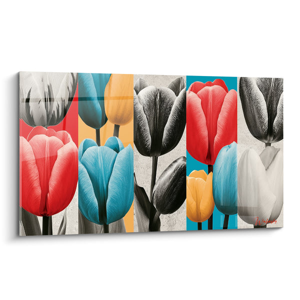 Tableau Tulipes rouges et bleu turquoise en bandes - Éclosion en bandes - Edition Tulipe