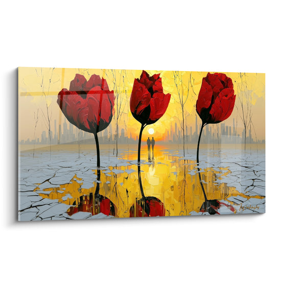 Trois tulipes rouges et silhouettes marchant vers un coucher de soleil doré et sol craquelé blanc