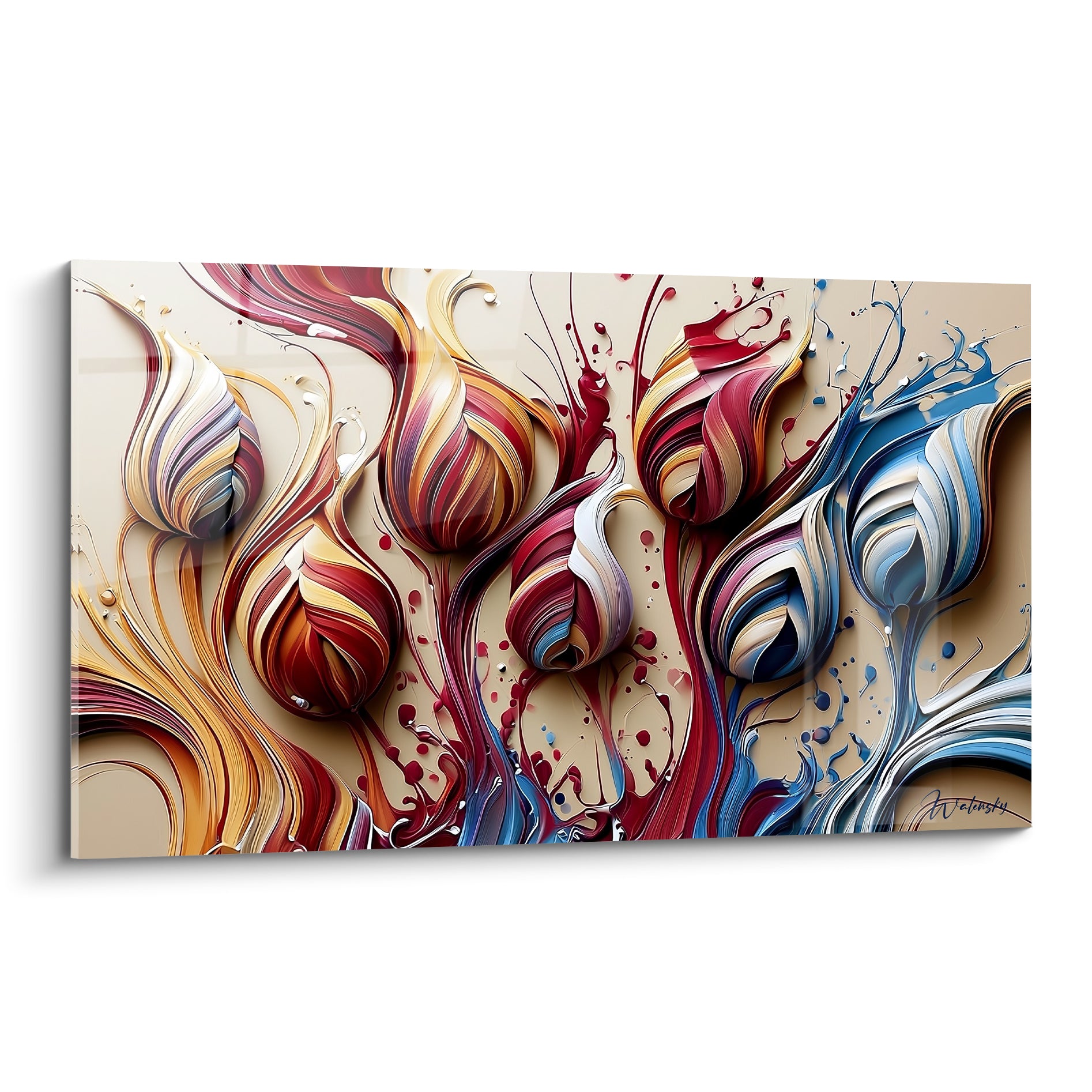 Tulipes torsadées rouge cramoisi et bleu ardoise sur fond beige, effet peinture en relief