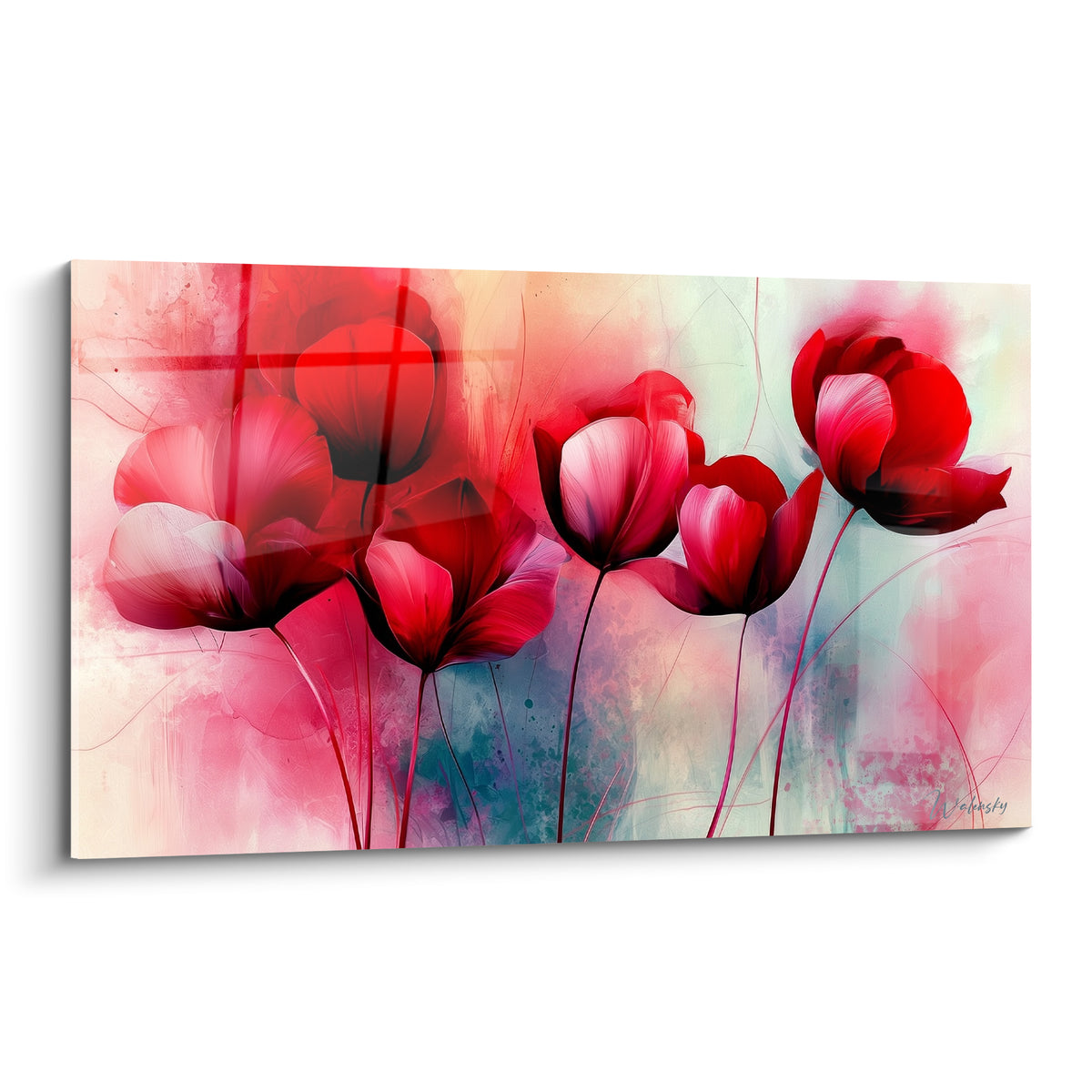 Tulipes rouge cramoisi et rose poudré aux tiges fines sur fond turquoise en aquarelle