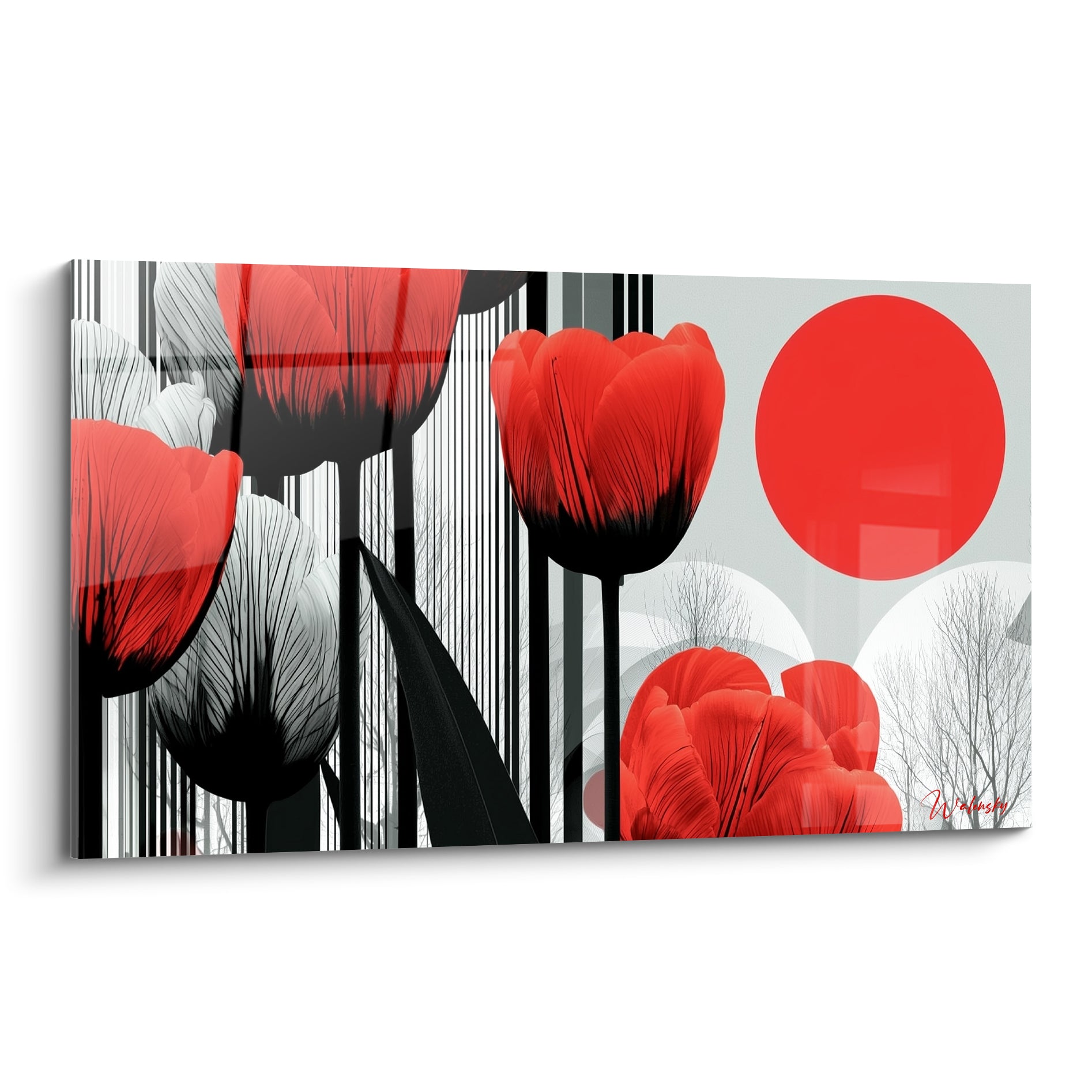Tulipes rouges et grises se déploient devant un disque solaire écarlate sur fond rayé noir et blanc