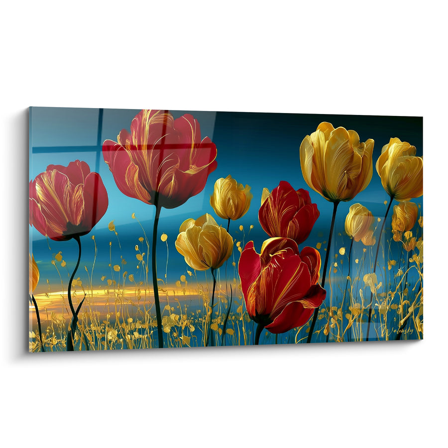 Tableau Tulipes rouges et jaunes aux tiges filiformes - Herbes dorées scintillantes - Edition Tulipe