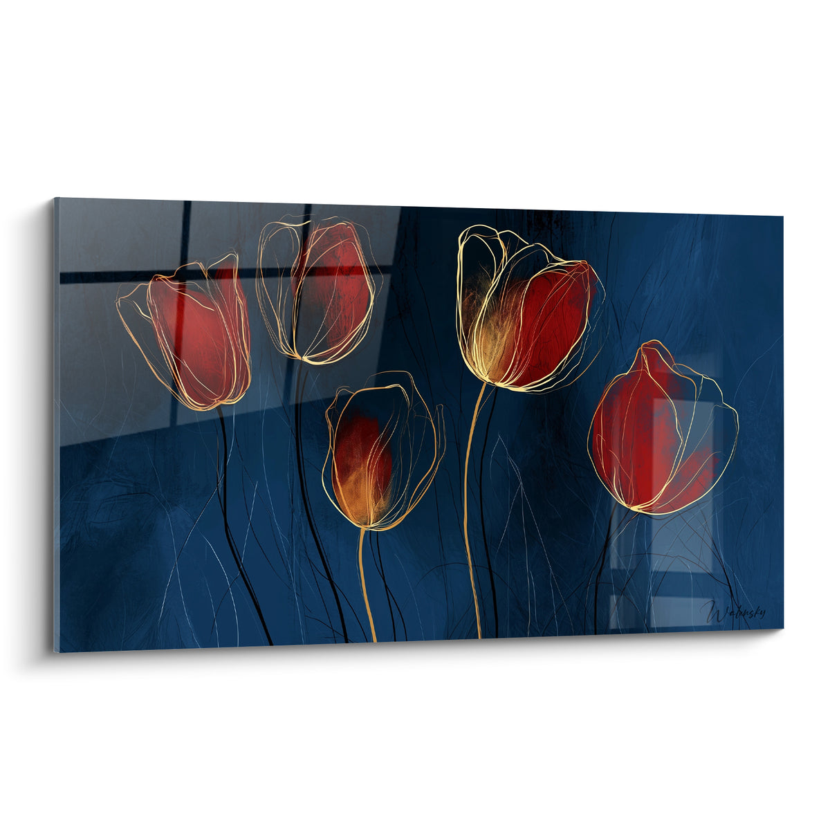 Tulipes rouges aux contours dorés dessinées sur un fond bleu marine profond et texturé
