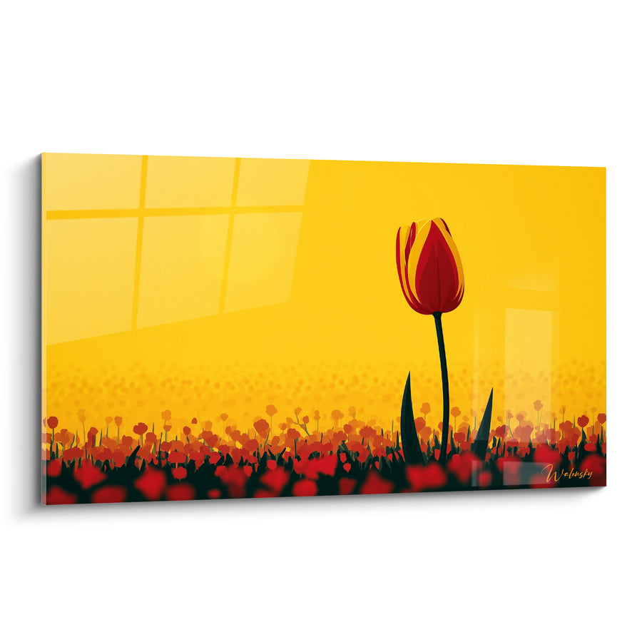 Tableau Tulipe rouge et jaune dominant un champ - Silhouette solitaire élancée - Edition Tulipe