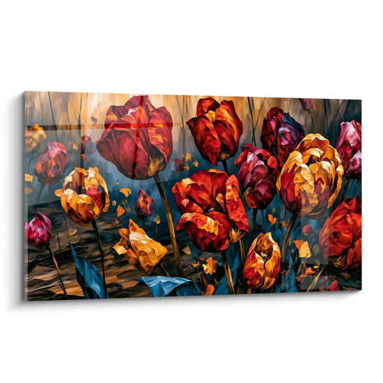 Tulipes rouges et dorées peintes en touches épaisses sur fond bleu anthracite nocturne