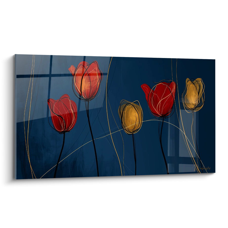 Tableau Tulipes rouges et dorées sur fond bleu marine - Floraison nocturne - Edition Tulipe