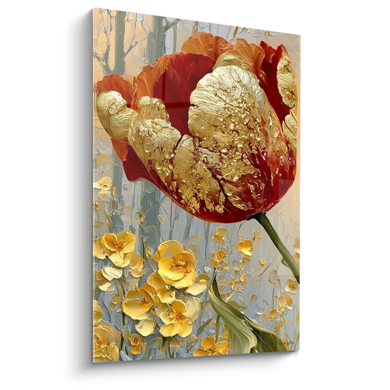 Tableau Tulipe rouge et dorée aux petites fleurs jaunes - Pétales texturés en relief - Edition Tulipe