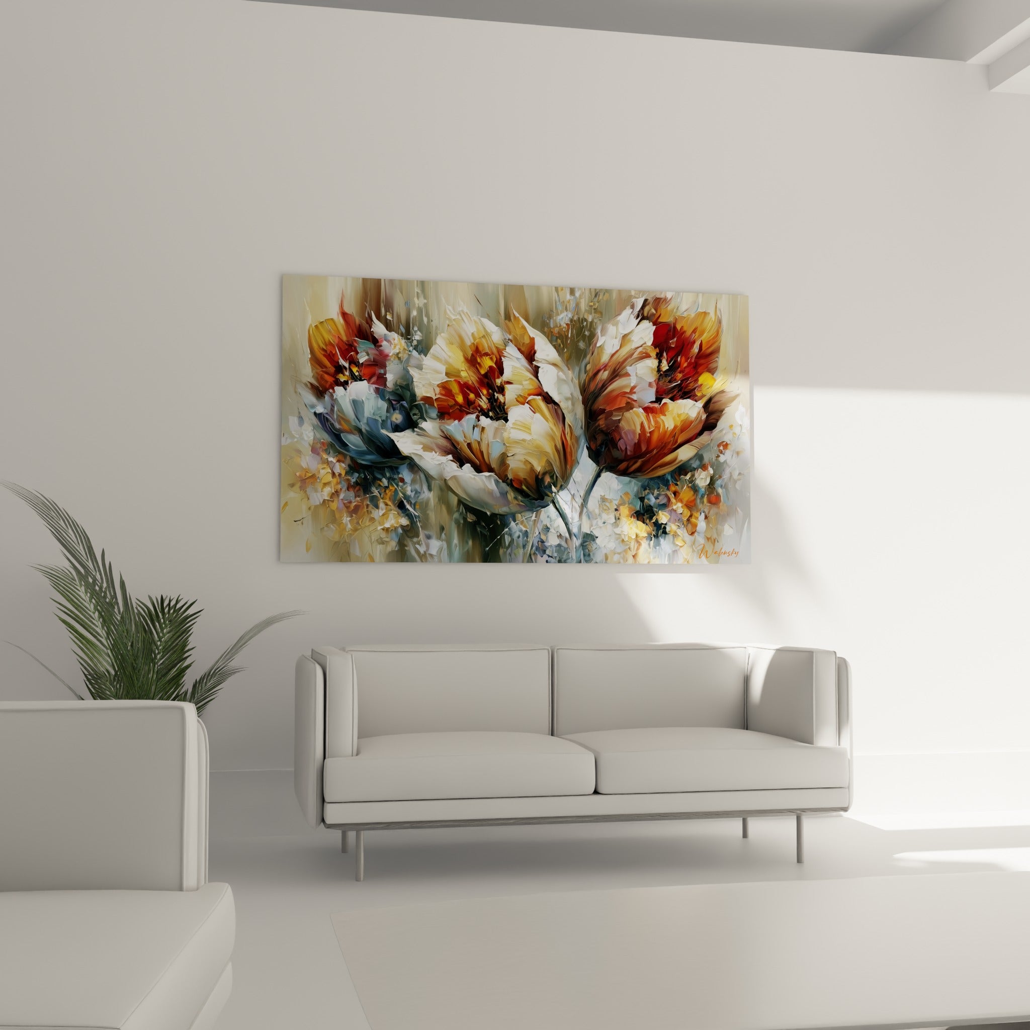 Pétales de tulipe rouge et doré dressés au-dessus d'un canapé dans un salon lumineux