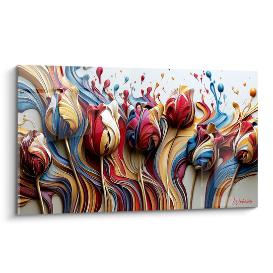Tulipes rouge bordeaux et doré aux pétales sculptés, stries bleu marine sur fond blanc éclatant