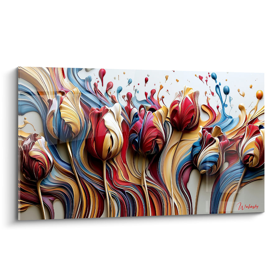 Tableau Tulipes rouges et dorées aux volutes striées - Gouttes de peinture suspendues - Edition Tulipe