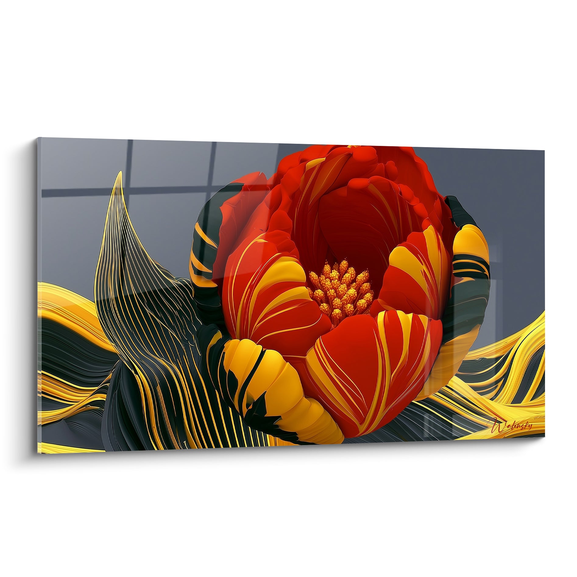 Tulipe rouge écarlate aux nervures dorées, pétales sculptés sur fond anthracite quadrillé
