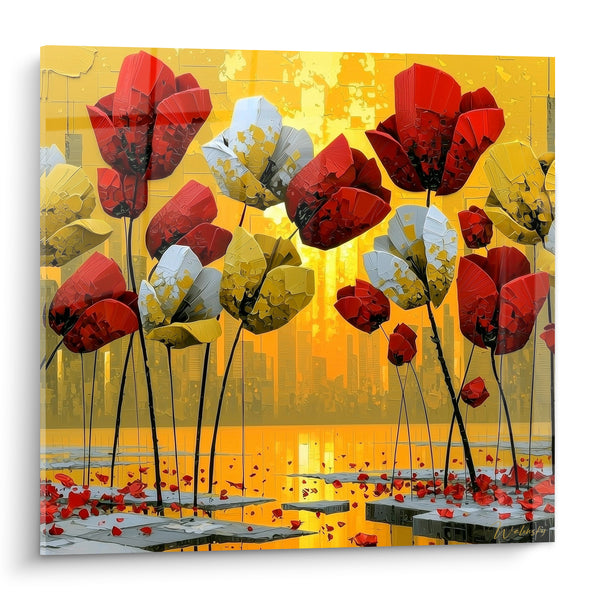 Tableau Tulipes rouges et jaunes sur silhouette urbaine - Éveil doré - Edition Tulipe