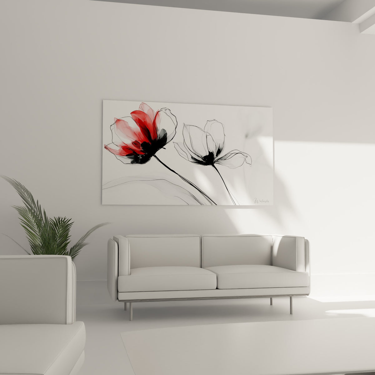 Fleurs de tulipe noires et rouges suspendues au-dessus d'un canapé dans un salon lumineux
