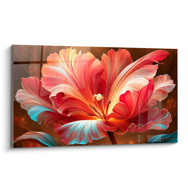 Tableau Tulipe rouge et turquoise aux pétales incandescents - Cœur lumineux doré - Edition Tulipe