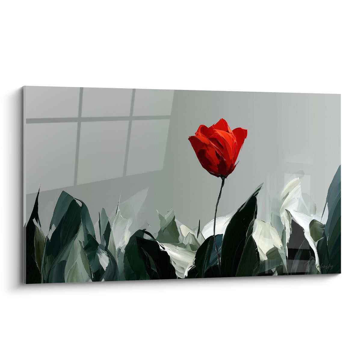 Tulipe rouge écarlate se dressant seule au-dessus d'un feuillage vert foncé sur fond gris perle