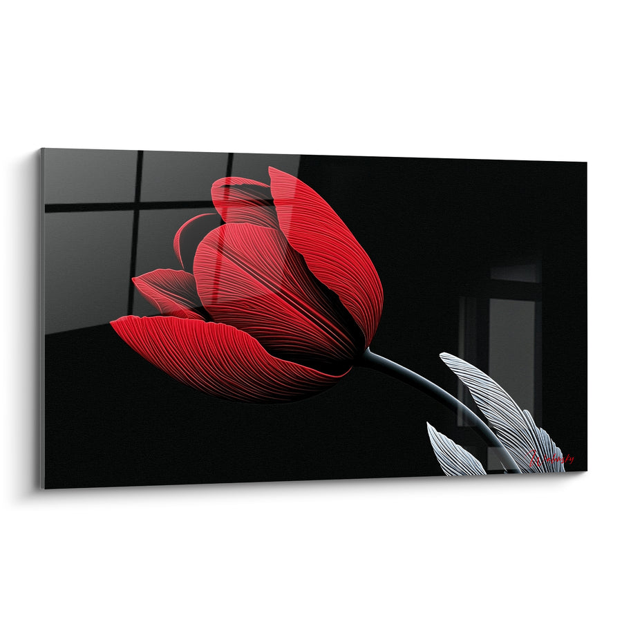Tableau Tulipe rouge et blanche aux nervures filigranées - Fenêtre vitrée en arrière-plan - Edition Tulipe