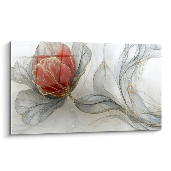 Tulipe rouge translucide aux nervures dorées se détachant sur des volutes grises éthérées