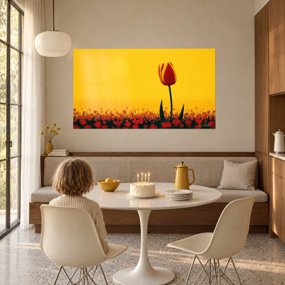 Tableau silhouette florale élancée, pétales rouges et jaunes, halo solaire doré, enfant de dos devant un gâteau d'anniversaire, salle à manger