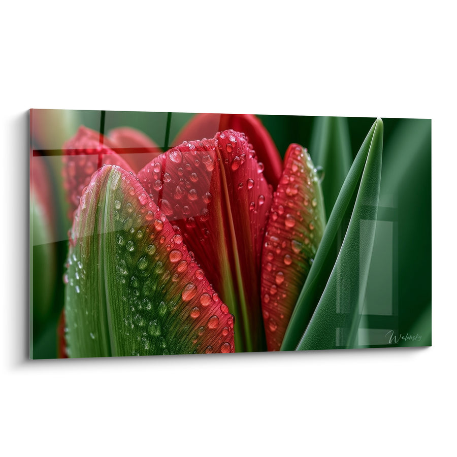 Tableau Tulipe rouge et verte constellée de perles - Feuille effilée pointue - Edition Tulipe