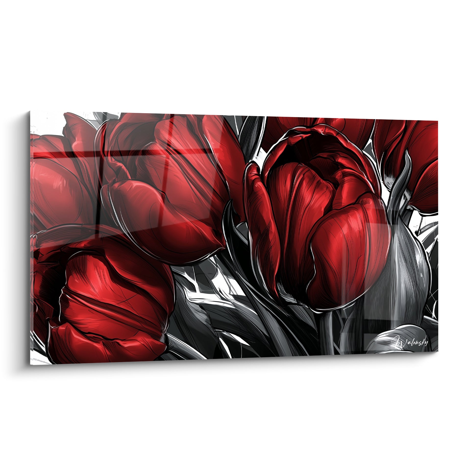 Tulipes rouge intense aux pétales veloutés et feuillages anthracite dessinés à l'encre graphique.