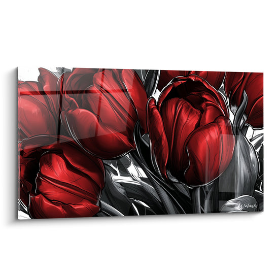 Tulipes rouge intense aux pétales veloutés et feuillages anthracite dessinés à l'encre graphique.