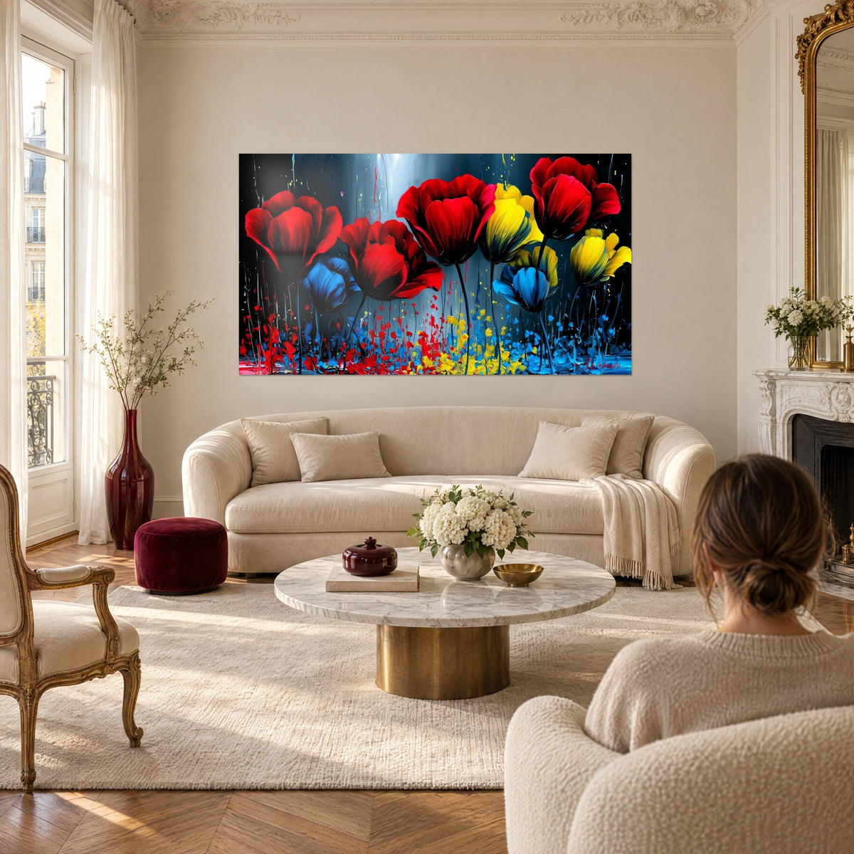 Tableau tulipes écarlates et jaunes sur fond nuit, coulures bleues, au-dessus d'un canapé dans un salon lumineux