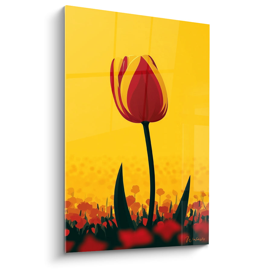 Tableau Tulipe rouge et jaune dominant un champ flouté - Silhouette végétale au premier plan - Edition Tulipe