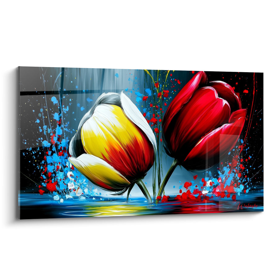 Tableau Tulipes rouge et jaune aux éclaboussures bleues - Éclaboussure florale - Edition Tulipe