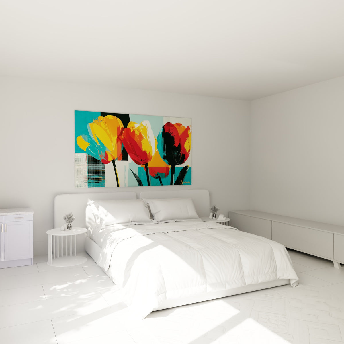 Tulipes rouge et jaune fragmentées dans un style graphique, au-dessus d'un lit dans une chambre claire