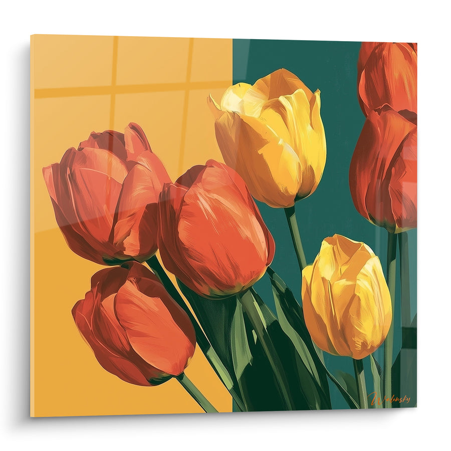 Tableau Tulipes rouges et jaunes sur fond bicolore - Vitrage à quadrillage doré - Edition Tulipe