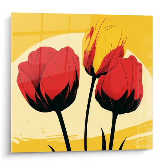 Trois tulipes rouges et jaunes se dressent sur fond soleil, style graphique aux contours noirs marqués