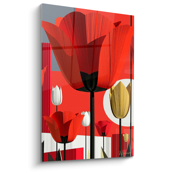 Tableau Tulipes rouges et grises aux tiges noires - Disque blanc lumineux - Edition Tulipe