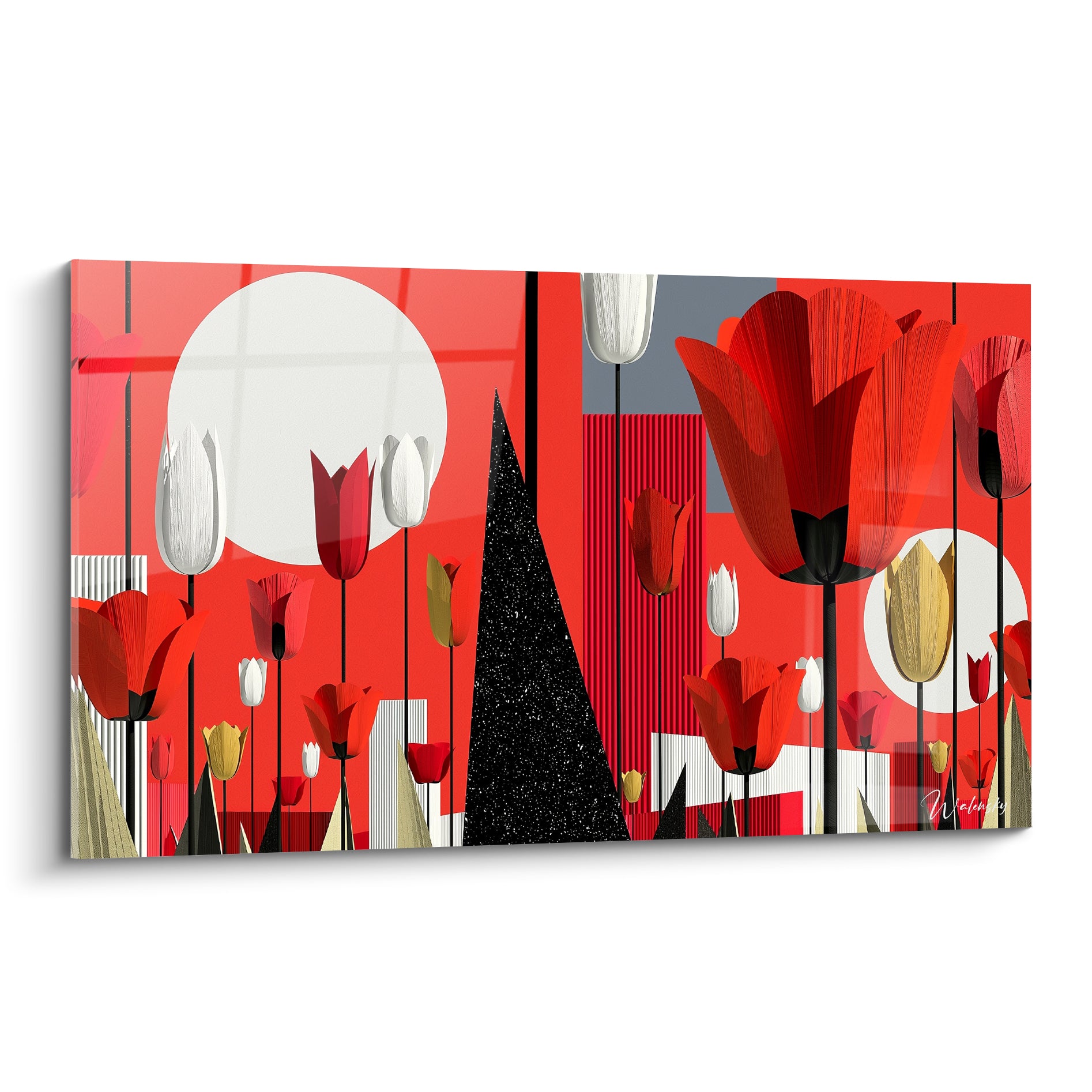 Tulipes rouges, blanches et dorées se déploient sous une lune blanche sur fond graphique