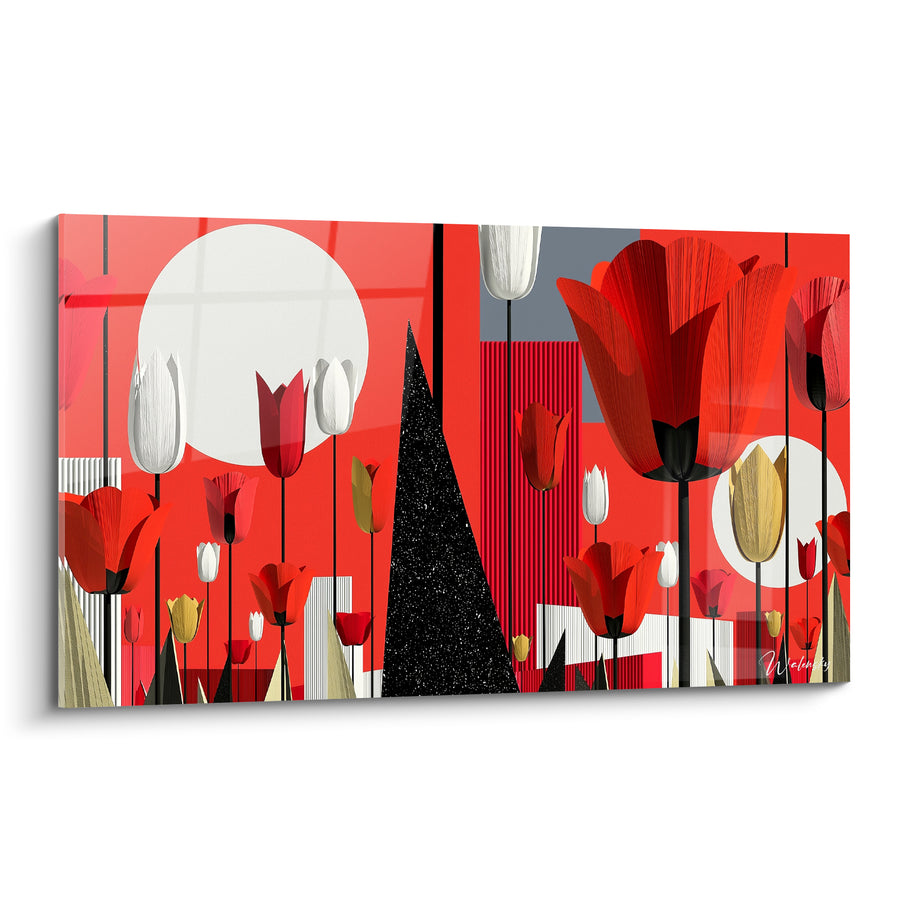 Tableau Tulipes rouges et blanches sur fond graphique - Lune sur les fleurs - Edition Tulipe
