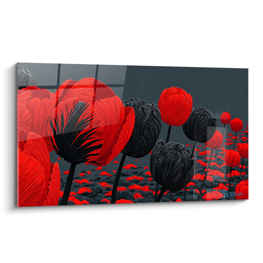 Tableau Tulipes rouges et noires aux striures graphiques - Champ dense de fleurs - Edition Tulipe