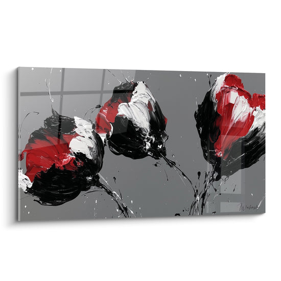 Trois tulipes rouges et noires au couteau se déploient sur un fond gris anthracite texturé