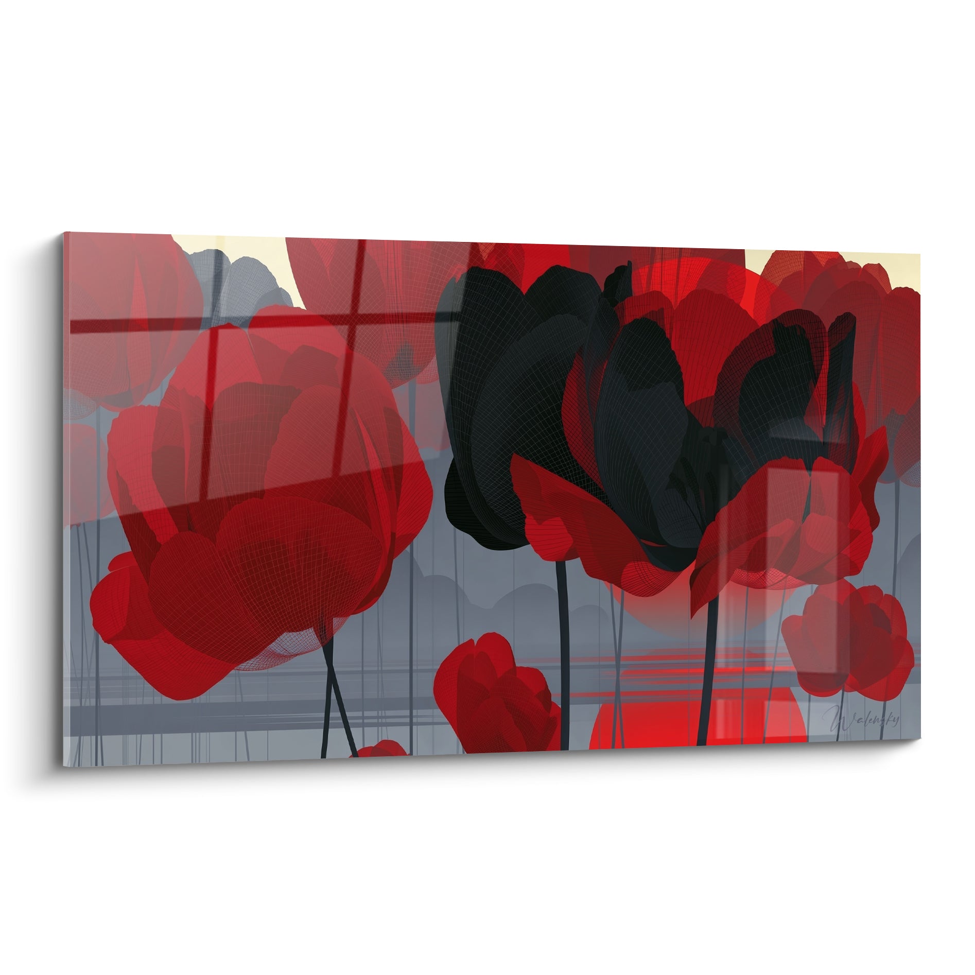 Tulipes rouges et noires stylisées sur fond gris texturé, composition graphique intense